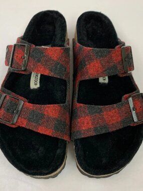 Birkenstock Arizona Shearling Plaid Red Rivet Wool Narrow Width Sandals
